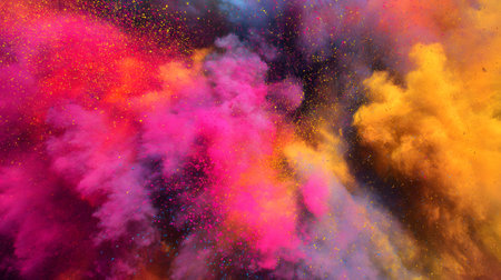 Colorful Holi Powder for Party And Festival. Rangoli colored powder explosion. Abstract colored background. Explosion of colored smokeの素材