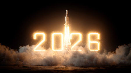 Rocket launches into the sky. New year concept. Happy New Year 2026. Rocket launch to the new year 2026 concept with the rocket on a dark sky backgroundの素材