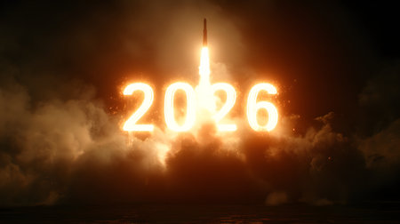 Rocket launches into the sky. New year concept. Happy New Year 2026. Rocket launch to the new year 2026 concept with the rocket on a dark sky backgroundの素材