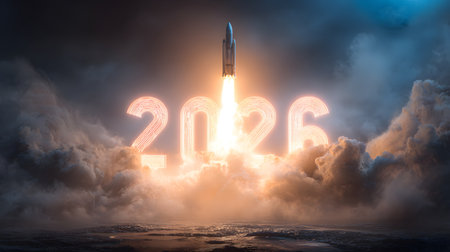 Rocket launches into the sky. New year concept. Happy New Year 2026. Rocket launch to the new year 2026 concept with the rocket on a dark sky backgroundの素材