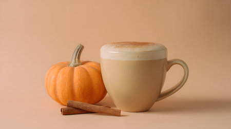 Cappuccino or latte coffee with cinnamon and pumpkins on beige background. Pumpkin latte with whipped cream and cinnamonの素材