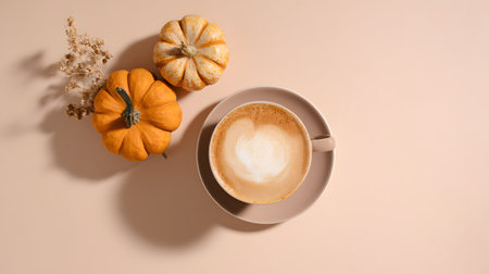 A cup of coffee with milk and pumpkins on a beige background, top view, flat lay with copy spaceの素材