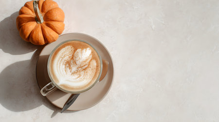 Autumn composition. Cup of coffee, pumpkins, and spices on a white background. Flat lay, top view. Pumpkin latte or cappuccino with cinnamon.の素材