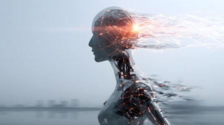 Conceptual image of a female cyborg with a glowing headの素材