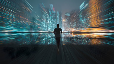 man walking in the city. young man looking at the city at night with motion blur effectの素材