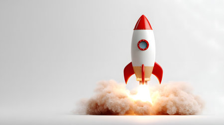 Rocket taking off on a white background. 3D rendering. Start-up concept. Copy space. toy spaceshipの素材