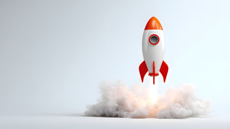 Rocket taking off on a white background. 3D rendering. Start-up concept. Copy space. toy spaceshipの素材
