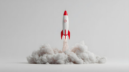 Rocket taking off on a white background. 3D rendering. Start-up concept. Copy space. toy spaceshipの素材
