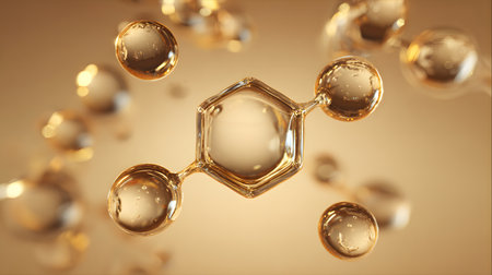 Molecular structure, science, and medical background. Abstract golden molecules. Molecular model luxury conceptの素材