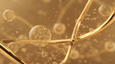 Molecular structure, golden. golden air bubbles floating in water. abstract background. Abstract background with bokeh effect.の素材