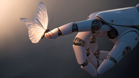 robot hand with butterfly on blue background, artificial intelligence concept. robot hand with butterfly on gray background, future technology conceptの素材