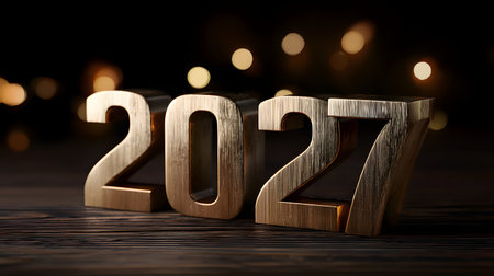 2027 Happy New Year background. Golden numbers on black backgroundの素材