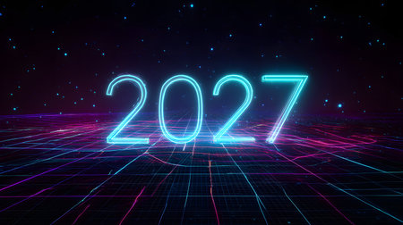 Glowing neon numbers 2027 on dark background. New Year conceptの素材