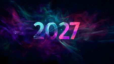 Happy New Year 2027. Abstract colorful background with lights and smokeの素材