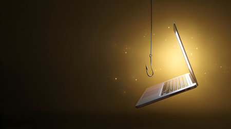 Laptop hanging on a fishing hook against a golden background with sparkles. Conceptual image with a laptop and a fishing hook on a yellow background. computer fishing hook underwater. Security and social media conceptの素材