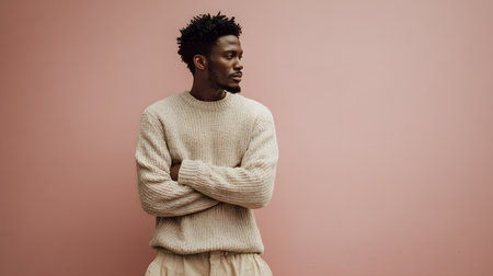 young african american man in sweater looking away isolated on pinkの素材