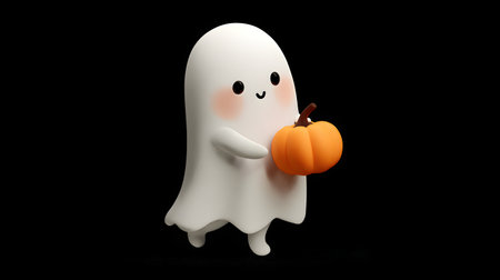 Halloween ghost with a basket of pumpkins on a dark background. Ghost with pumpkin isolated on a black backgroundの素材