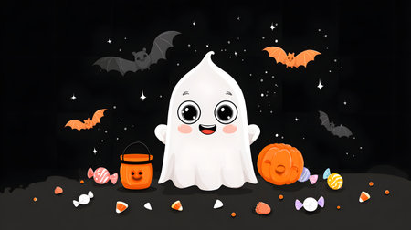 Illustration of a Halloween theme with ghosts, candies, and bats. Cute cartoon ghost and candies. Kid-friendly ghost characterの素材