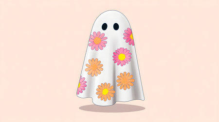 Cute ghost with a flower pattern textile on a light pink backgroundの素材