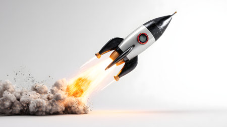 Rocket taking off on a white background. 3D rendering. Startup concept. Copyspace. toy spaceshipの素材