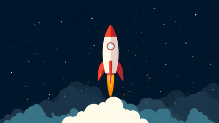 Flat illustration of a rocket is flying in space. Startup concept. Night sky and cosmosの素材