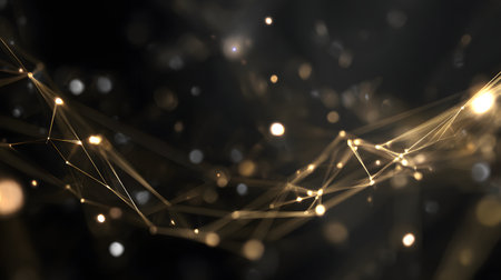 abstract background with stars. Abstract black background with golden connected lines and dotsの素材