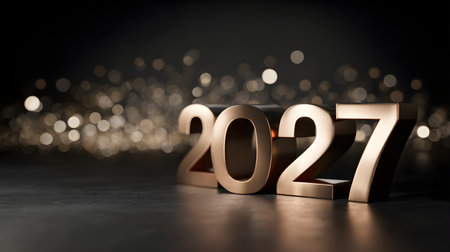 Happy New Year 2027. Golden numbers on a black golden bokeh backgroundの素材