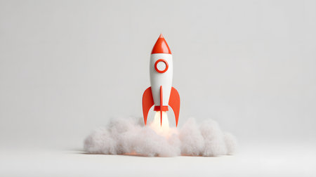Rocket taking off on a white background. 3D rendering. Startup concept. Copyspace. toy spaceshipの素材
