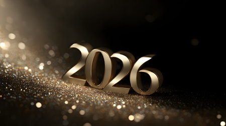 Happy New Year 2026, golden text on bokeh background. Golden numbers 2026 on a dark backgroundの素材