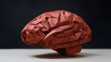 Red origami brain on a gray backgroundの素材