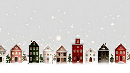 Christmas background with houses, trees, and snowflakes. Christmas miniature village with houses and trees in the snowの素材