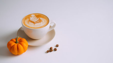 Pumpkin latte with cinnamon and coffee beans on a beige backgroundの素材