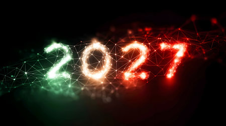 New Year 2027 with a polygonal grid and lights on a black backgroundの素材