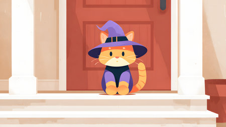 Cute cat wearing halloween costumeCat in a hat on the porch of the house. flat illustrationの素材