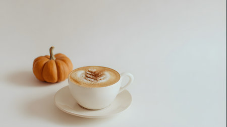 A cup of cappuccino with a pumpkin on a white backgroundの素材