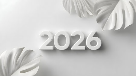 Happy New Year 2026. White Monstera leaves on a white backgroundの素材