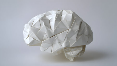 Crumpled paper in the shape of a human brain on a gray backgroundの素材