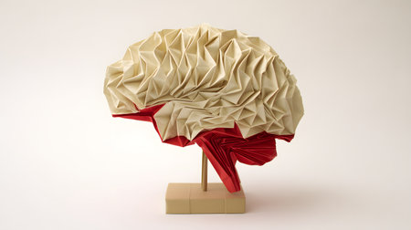 Crumpled paper in the form of a human brain origami model on a gray backgroundの素材