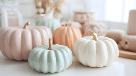 Colorful pumpkins on shelf in the kitchen, close-up. Halloween decor. Variety of colorful decorative pumpkinsの素材