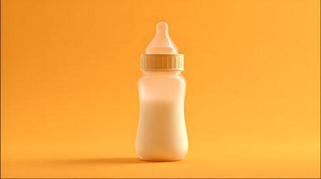 Baby food glass bottle on a clear, vivid orange background with copy space. Bottle of baby food on an orange background. Close upの素材