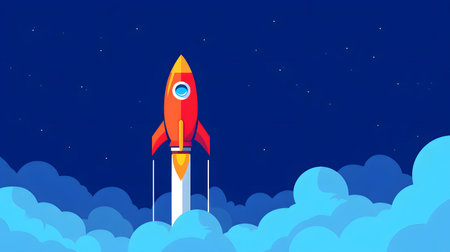 Illustration of a rocket in space concept. Flat illustration of a rocket in space with clouds, stars and planetsの素材