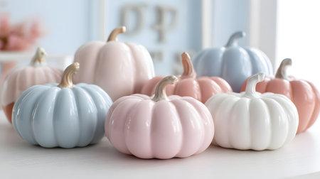 Colorful ceramic pumpkins pastel colors on a white shelf in the living room. Colorful pumpkins on a white wooden background, selective focusの素材