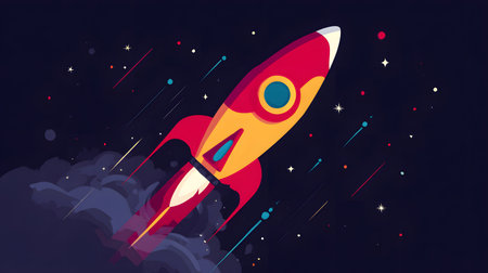 Illustration of rocket in space concept. Flat illustration of a rocket with clouds and planetsの素材