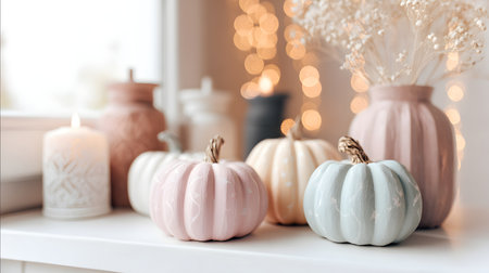 Colorful ceramic pumpkins pastel colors on a white shelf in the living room. Colorful pumpkins on a white wooden background, selective focusの素材