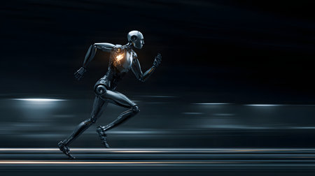 Cyborg is running fast with a glowing light on his back. Robot concept. Humanoid robot running on the road with a glowing city backgroundの素材