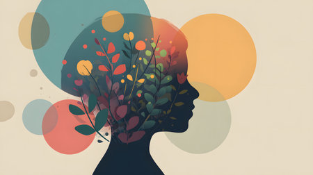 Silhouette blooming creativity. Abstract human head with flowers and leaves. Flat illustrationの素材