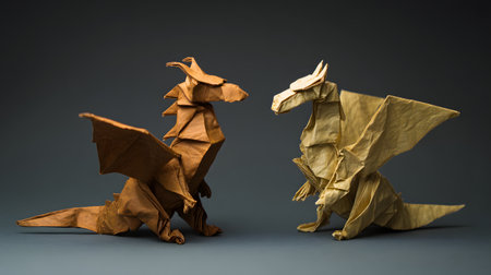 Two paper origami dragons on a dark background. Conceptual imageの素材