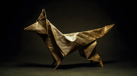 Paper origami dog on black background. Copy space for textの素材