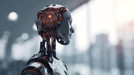 Close-up view of robot head. Robot artificial intelligence in future technology concept, close up of robot faceの素材