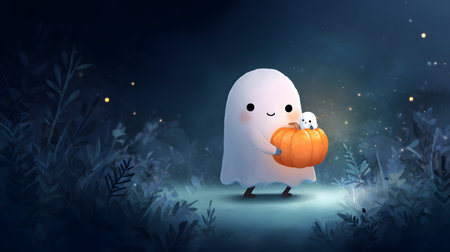 Illustration of a Halloween theme with ghosts, candies, and bats. Cute cartoon ghost and candies. Kid-friendly ghost characterの素材